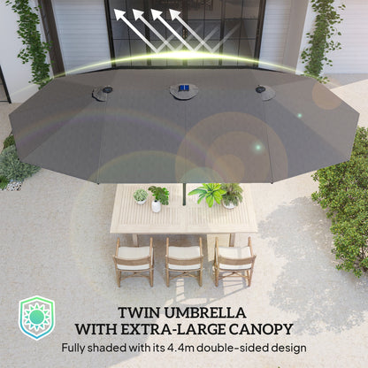 174" Double-Sided Sun Umbrella Garden Parasol Patio Sun Shade Outdoor with LED Solar Light, Khaki