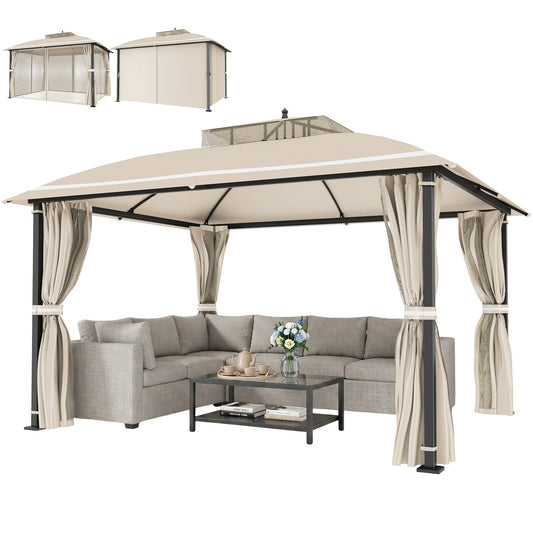 10' x 12' Outdoor Gazebo, Double Roof Patio Gazebo Canopy with Netting and Curtains for Garden, Lawn, Backyard, Deck