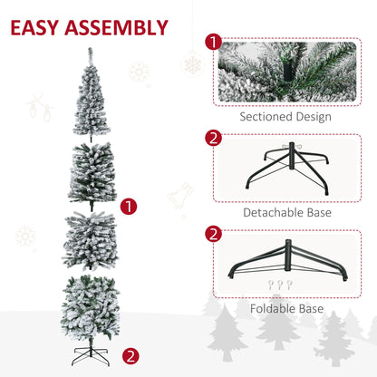 6ft Flocked Christmas Tree, Pencil Christmas Tree with Realistic Branch Tips, Folding Metal Stand, Green
