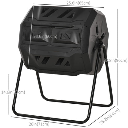 43 Gallon (160L) Tumbling Compost Bin Outdoor Dual Chamber 360° Rotating Composter with Sliding Doors, Solid Steel Frame and Gloves, Black