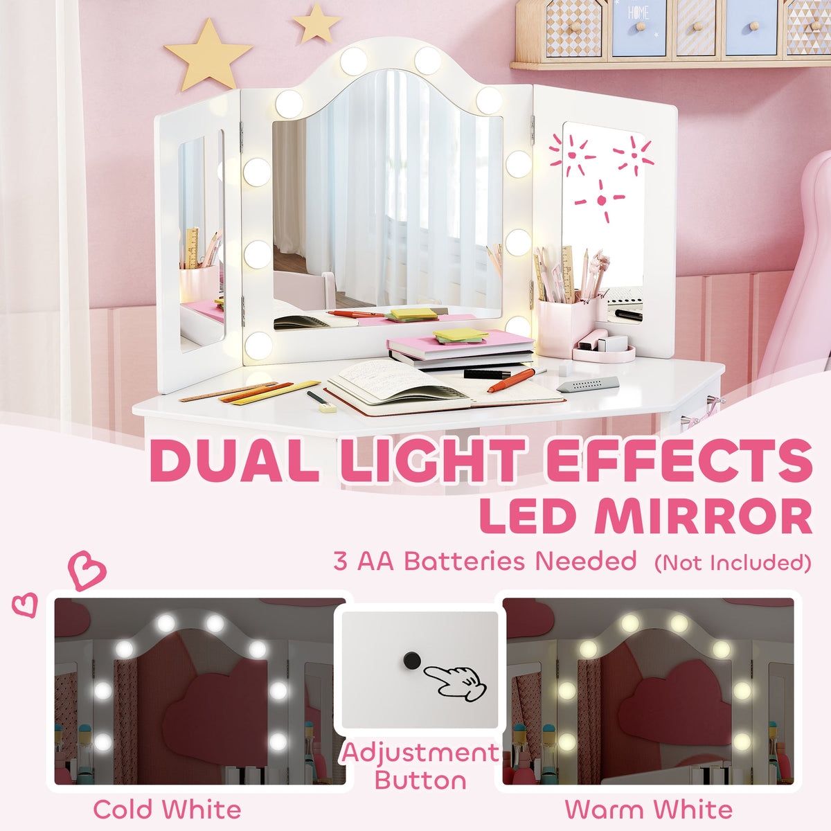 Kids Vanity Table and Chair Set with Lights, Makeup Dressing Table with Tri-Fold Mirror for Ages 3-8 Years, White