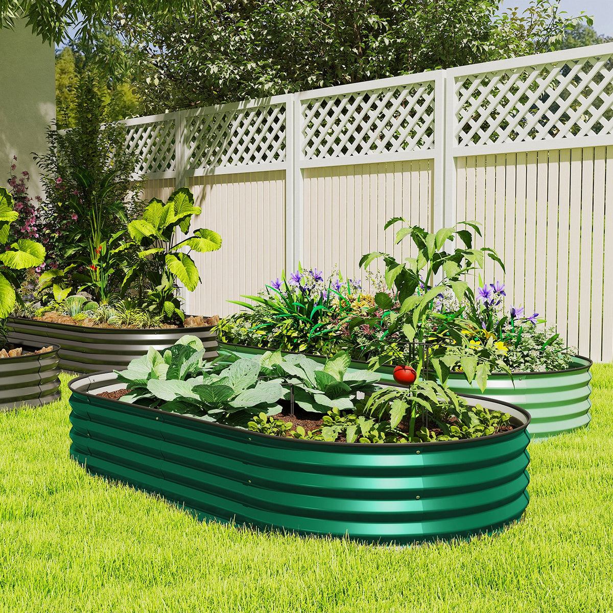 6' x 3' x 1' Large Outdoor Planter Box, Galvanized Raised Garden Bed with Metal Plant Stake, Green
