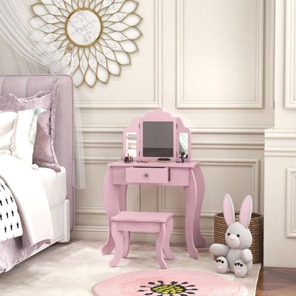 Kids Vanity Table and Stool, Makeup Vanity Girls Dressing Table Set with Tri-folding Mirrors Drawer Star and Heart Pattern, Pink