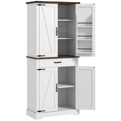 71" Tall Kitchen Cabinet, Farmhouse Pantry Cabinet with Barn Doors, Drawer and Adjustable Shelves, White