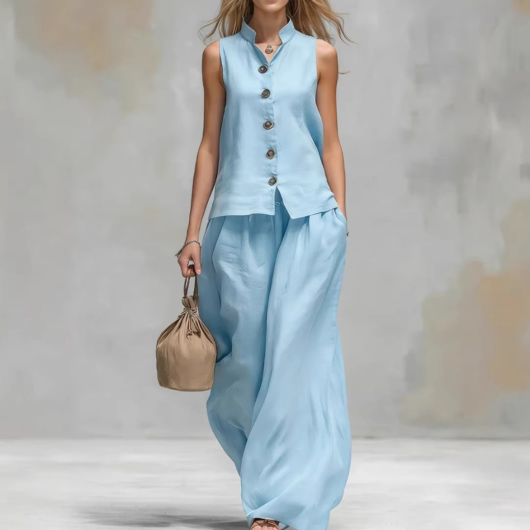 Casual Two-Piece Stand Collar Sleeveless Vest And Matching Pants Set - Summer Women Vest & Pan Two Piece Outfit