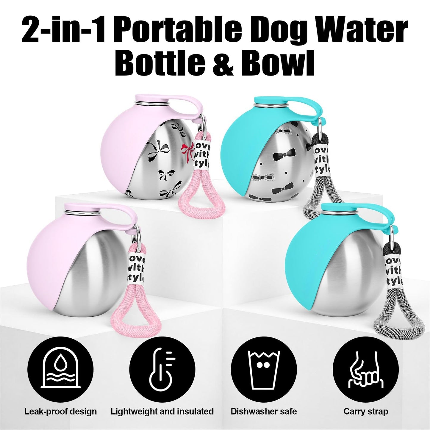 Portable Dog Water Bottle 10oz Stainless Steel Travel Dog Water Dispenser With Bowl No-Spill Puppy Water Bottle For Walking Hiking Small Dog Water Bottle