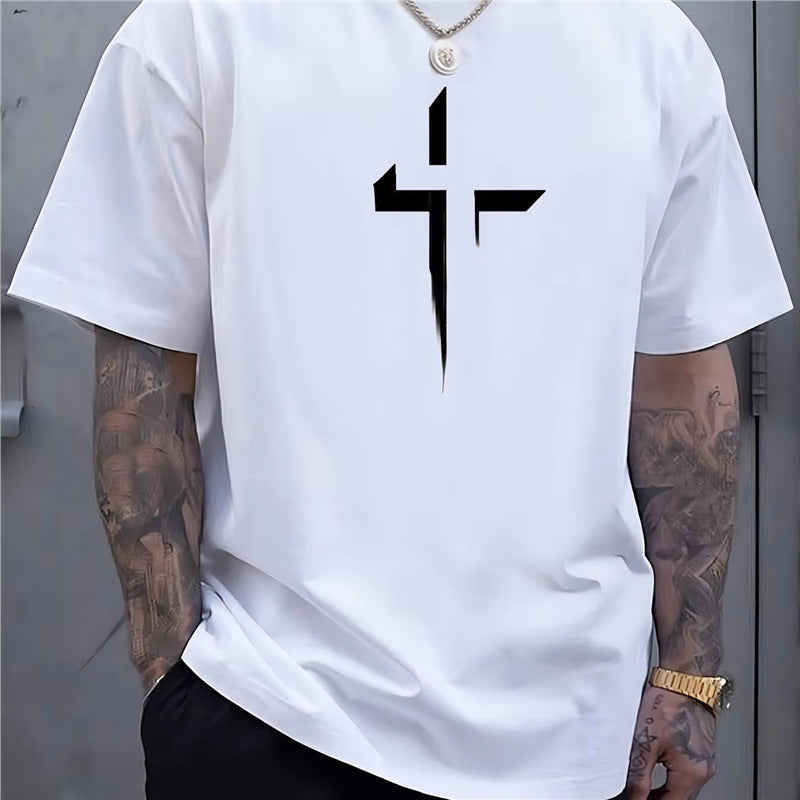 Street-style Mens Casual Loose-fit Cross-print Creative Sports Short-sleeve Top