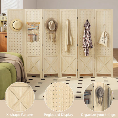 4.7' 3 Panel Wooden Room Divider with Pegboard Display, Folding Privacy Screen for Home Office, Natural