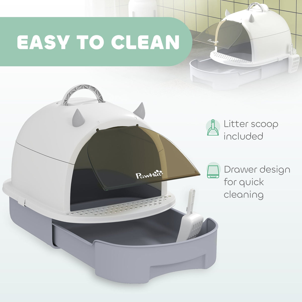 Cat Litter Box with Lid, Front Door Flap, Scoop, Handle, Easy Clean, for Small and Medium Cats, Green