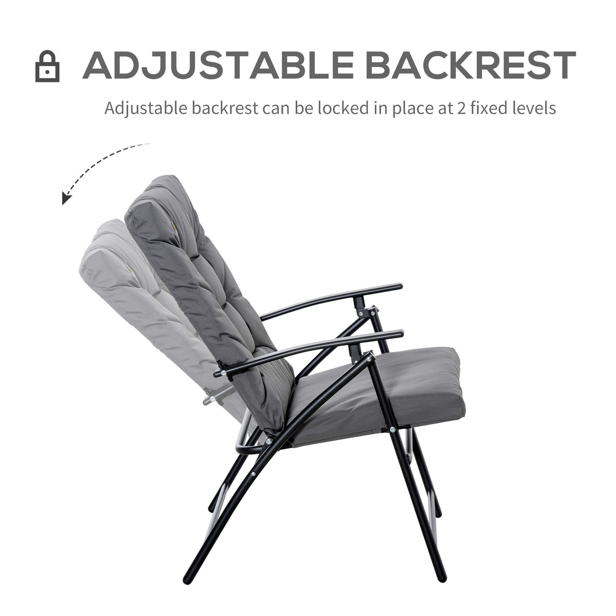 Foldable Lounge Chair, Fabric Upholstered Recliner, Outdoor Lounger with Armrest, Metal Frame for Backyard, Black