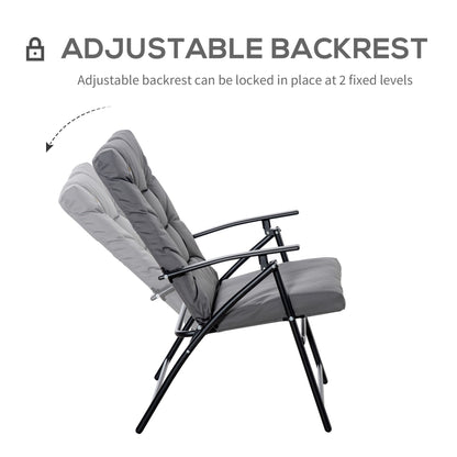 Foldable Lounge Chair, Fabric Upholstered Recliner, Outdoor Lounger with Armrest, Metal Frame for Backyard, Black