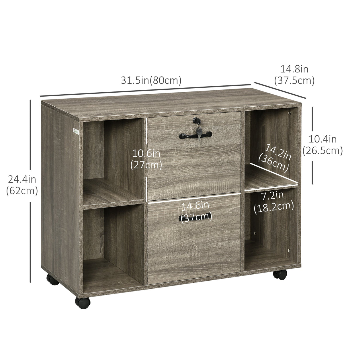 Lateral Filing Cabinet with Wheels and Lockable Drawer, File Cabinet, Mobile Printer Stand with Open Shelves for Letter and A4 Size Documents for Home Office, Grey