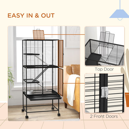 Rolling Small Animal Cage 34"H Chinchilla Cage for Ferrets, Squirrels w/ Removable Tray, Storage Shelf, Black