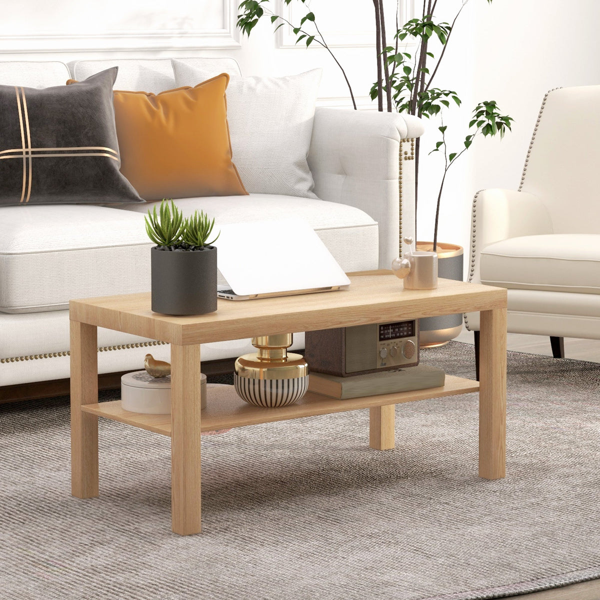 2 Tier Coffee Table with Storage Shelf, Rectangular Center Table for Living Room, Home Office Furniture Walnut
