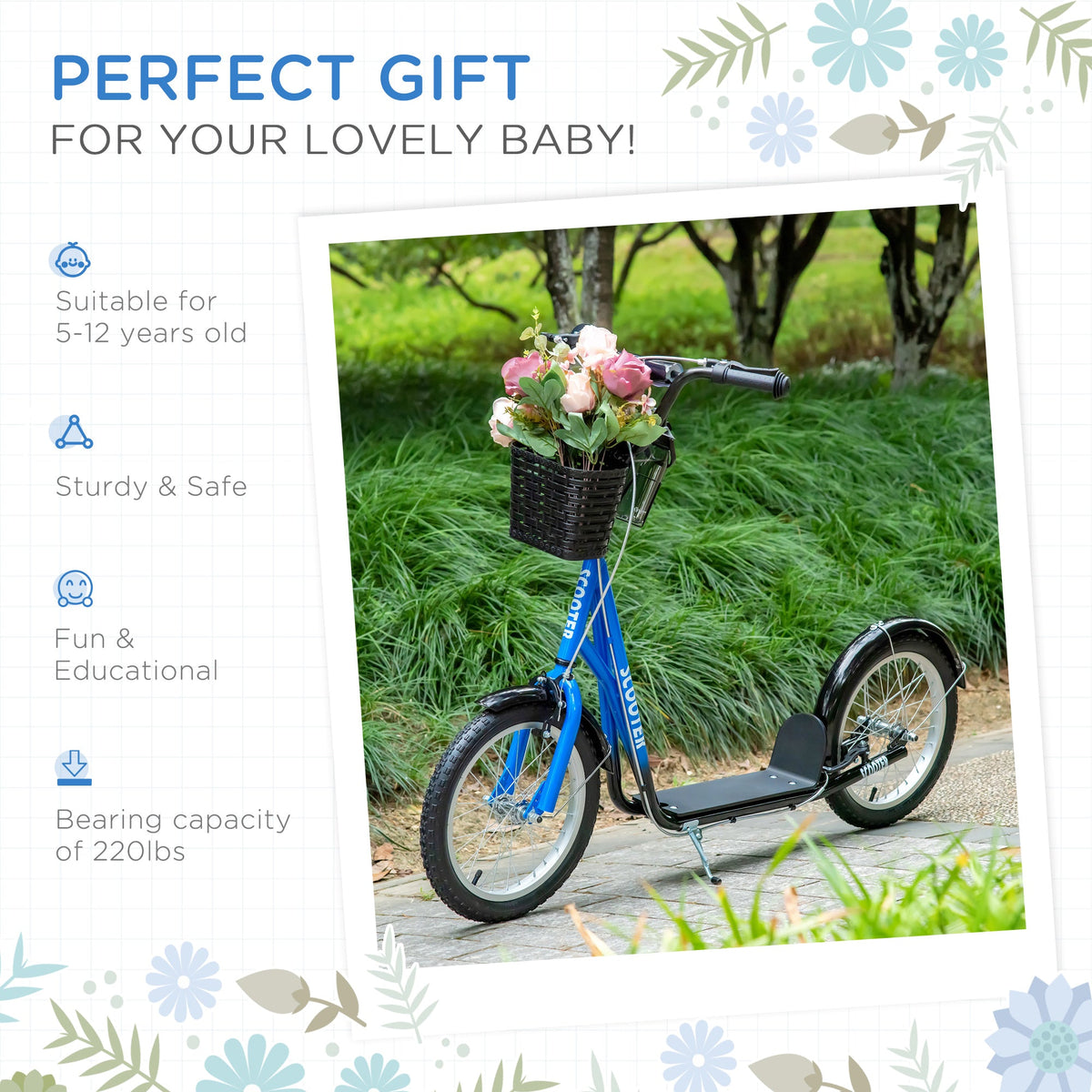 Kick Scooter with Adjustable Handlebar, Kids Scooter with 2 Brakes Basket Cupholder 16" Inflatable Rubber Tyres Orange
