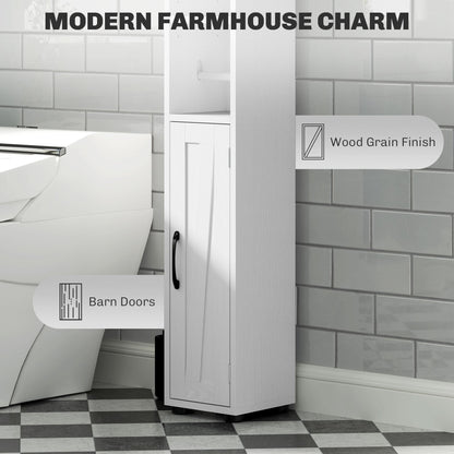 Narrow Bathroom Cabinet, Tall Bathroom Storage Cabinet with Barn Doors, Drawer and Adjustable Shelves, Brown Wood Grain