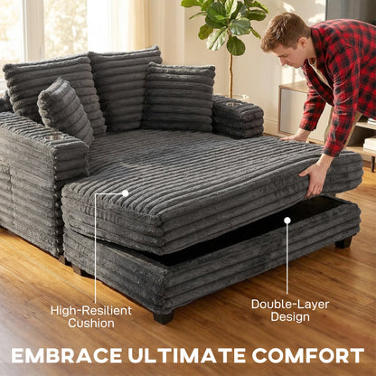 60" Chaise Lounge Chair, Oversized Upholstered Sofa Bed with Cup Holders & Pillows, Sleeper Couch for Living Room, Beige