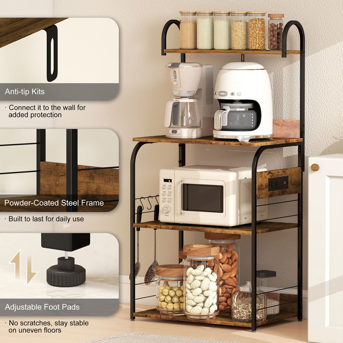 Baker's Rack with Charing Station, Microwave Shelf with Power Outlet, USB Charger and 4 Hooks, Rustic Brown