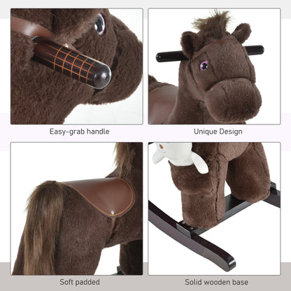 Kids Rocking Horse Plush Animal on Wooden Rockers with Sounds, Wooden Base and Bear Toy, Baby Rocking Chair, Brown