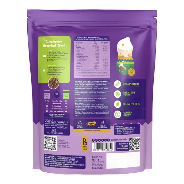 High Protein Super Oats Chocolate – Rolled Oats, Natural Peanut Butter, Cocoa Powder, Nuts & Seeds – 22% Protein, Source of Dietary Fibre & Healthy Fats, No Added Sugar & Salt