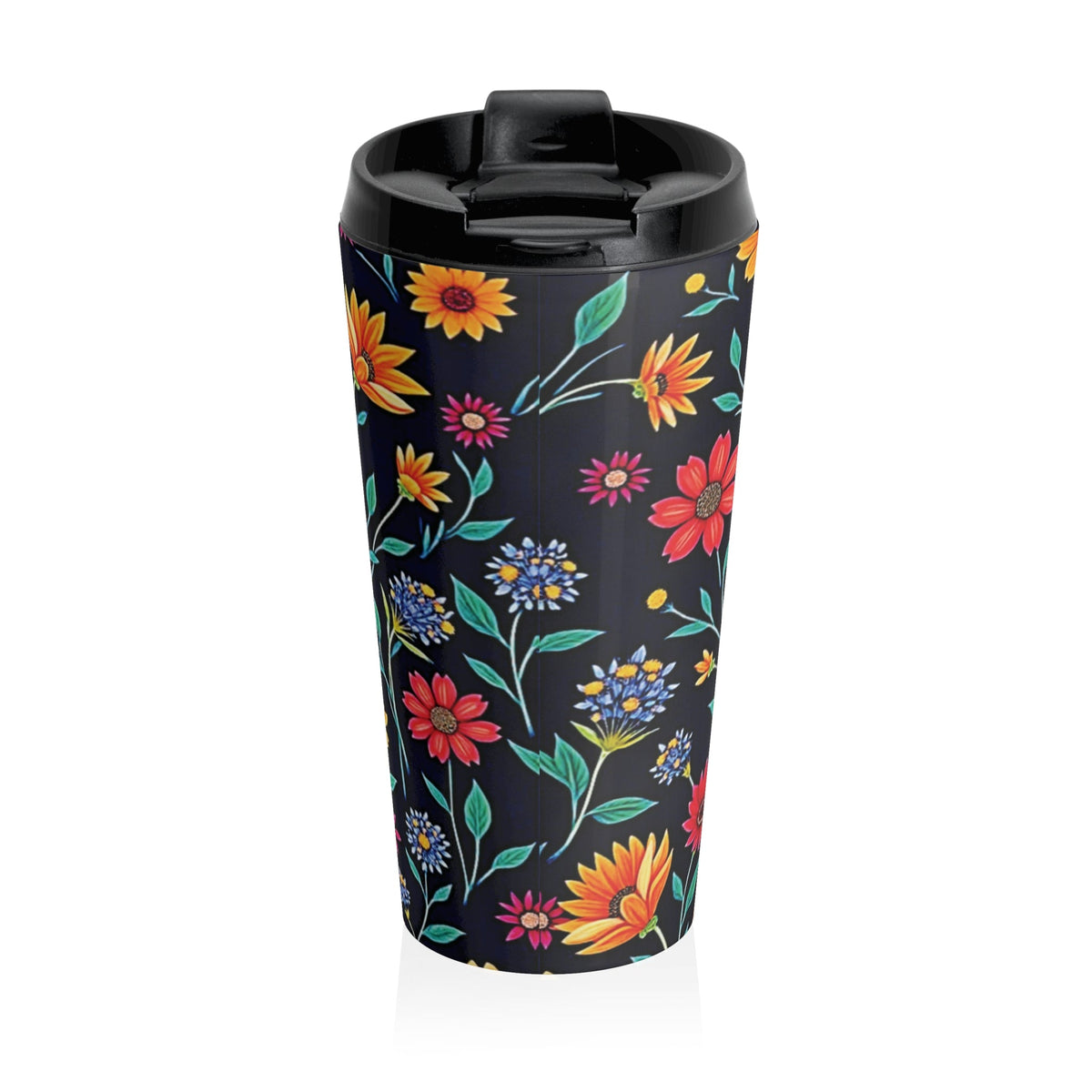 Colorful Floral Pattern Stainless Steel Travel Mug | Black Background