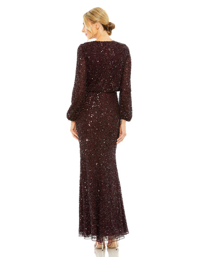 High Neck Long Sleeve Beaded Blouson Gown