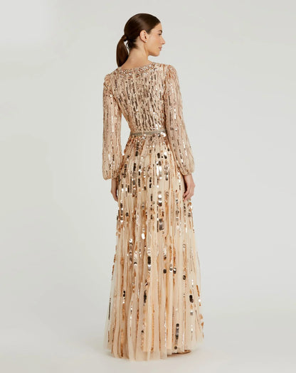 Embellished Mesh Long Sleeve V Neck Gown