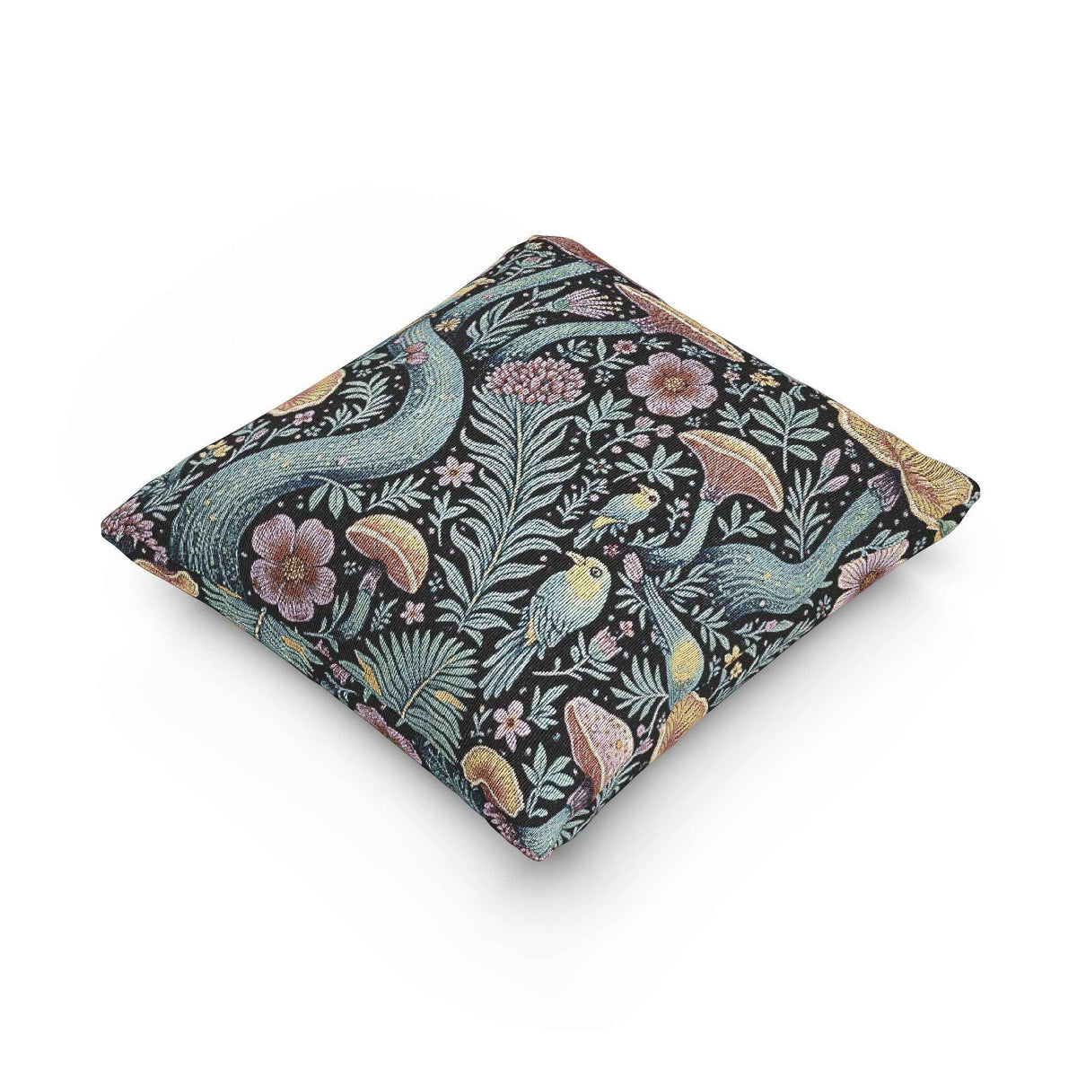 Mushroom and Fern Tapestry Pillow | Woven Decorative Throw Pillow