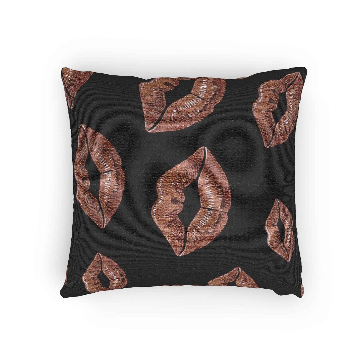 Rose Gold Lip Print Woven Pillow | Black Background, Decorative Throw Pillow