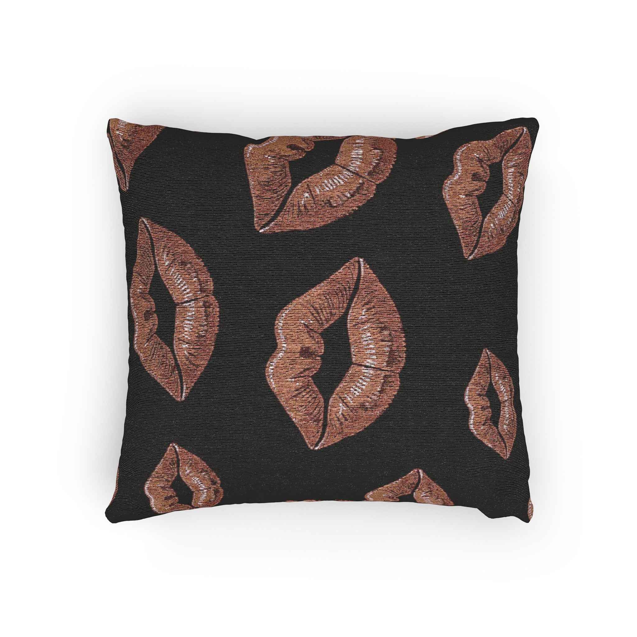 Rose Gold Lip Print Woven Pillow | Black Background, Decorative Throw Pillow