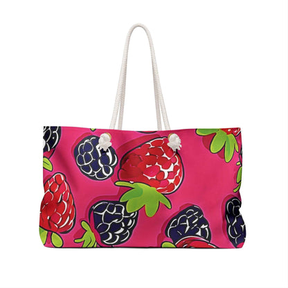 Raspberry Blackberry Pattern Weekender Bag | Bright Pink Berry Large Tote Bag
