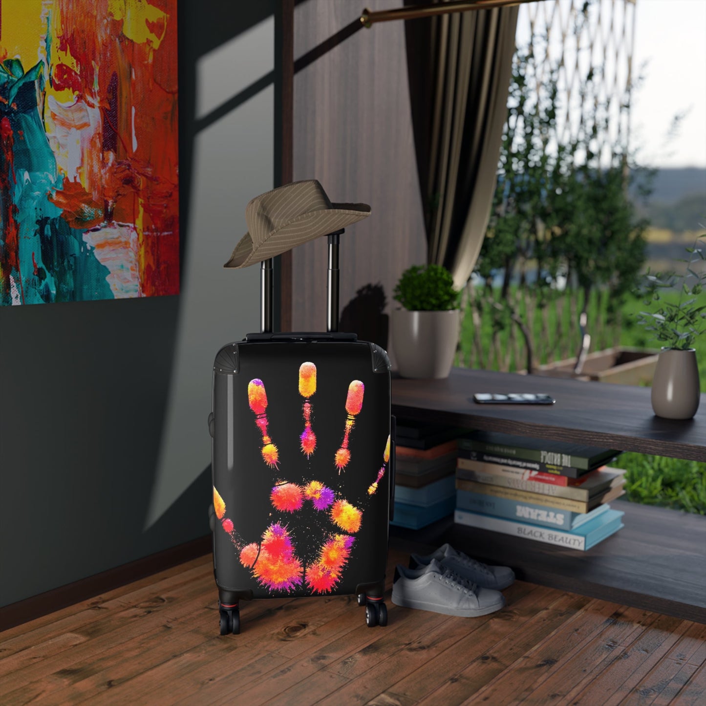 Colorful Handprint Suitcase — Neon Palm Print Carry-On Luggage