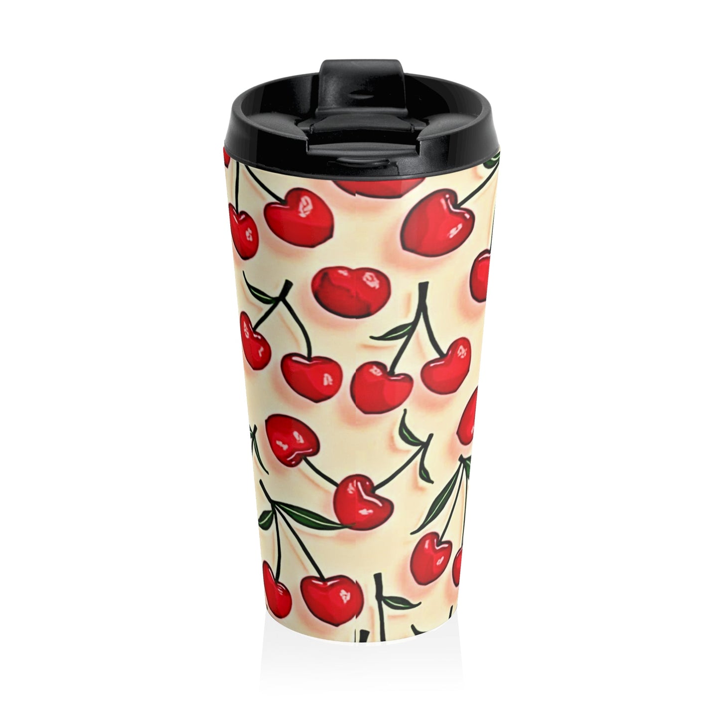 Cherry Pattern Stainless Steel Travel Mug — Retro Red Cherries Thermal Tumbler