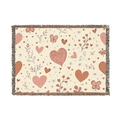 Heart Pattern Woven Blanket — Boho Floral Throw for Cozy Living & Valentine Gifts