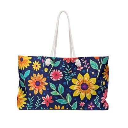 Floral Weekender Bag — Vibrant Navy Flower Travel Tote