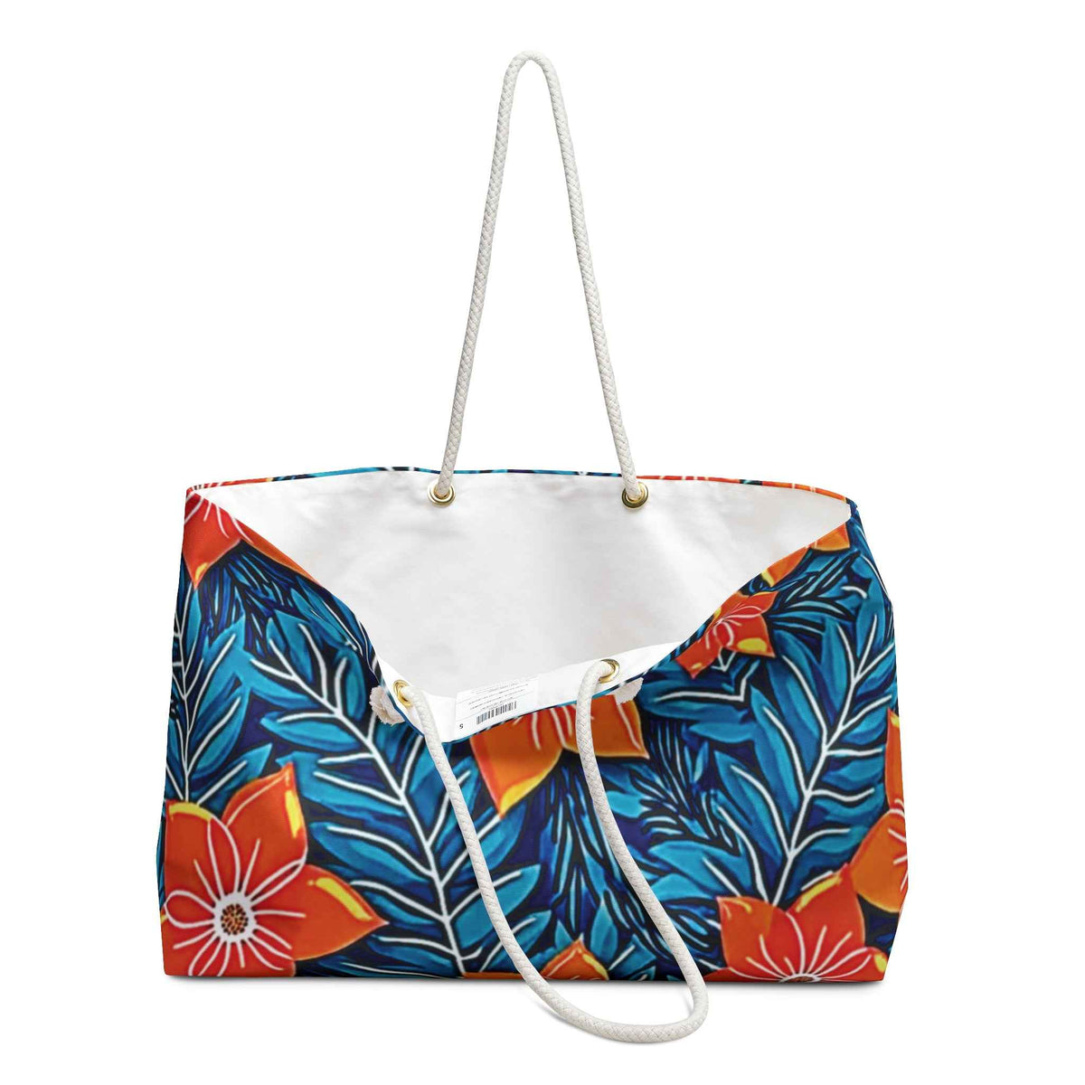 Orange Floral Pattern Weekender Bag | Tropical Blue Leaves | Large Tote Bag