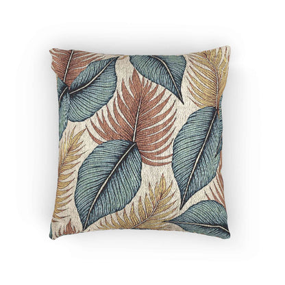Tropical Leaf Woven Pillow | Blue Teal Rust Decorative Throw Pillow