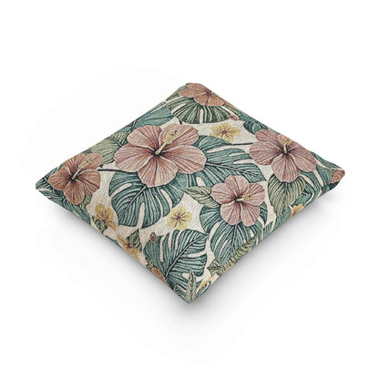 Hibiscus Tropical Floral Woven Pillow | Botanical Throw Cushion