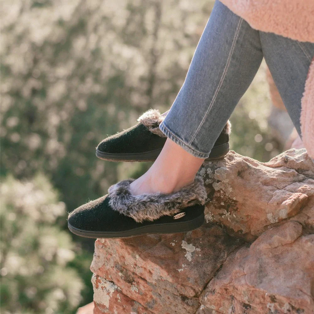 Acorn Women's Faux Fur Chinchilla Collar Slippers