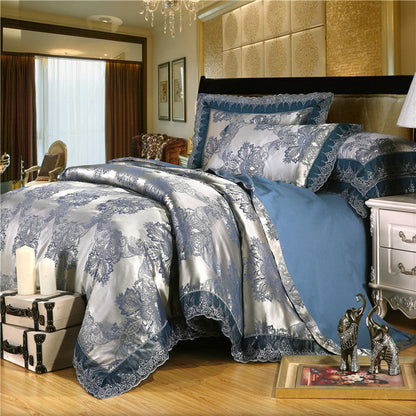 Jacquard Cotton Four‑Piece Luxury Bedding Set – Pure Cotton Duvet Cover &amp; Silk‑Satin Finish Bed Sheet