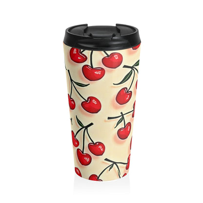 Cherry Pattern Stainless Steel Travel Mug — Retro Red Cherries Thermal Tumbler
