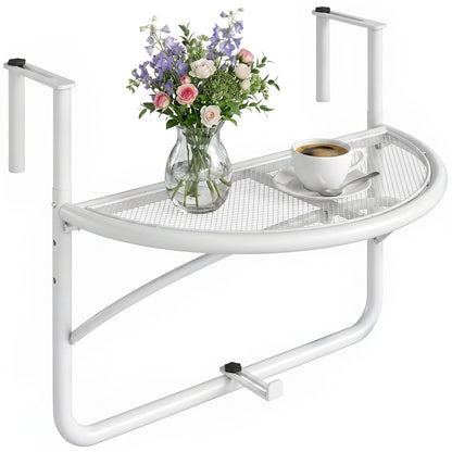 Adjustable Balcony Hanging Railing Table, Metal Mounting Mini Wall Desk Storage Rack, Outdoor Flower Stand Serving Table Half Round, Grey