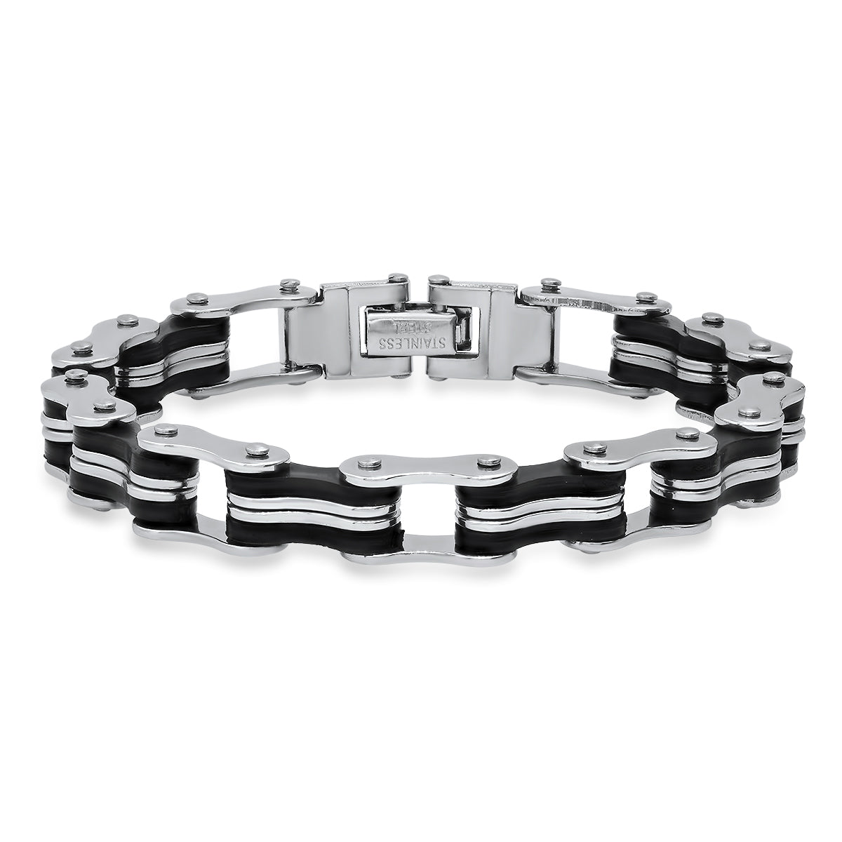 Men’s Stainless Steel Bicycle Chain Bracelet. Black & Silver Biker Style