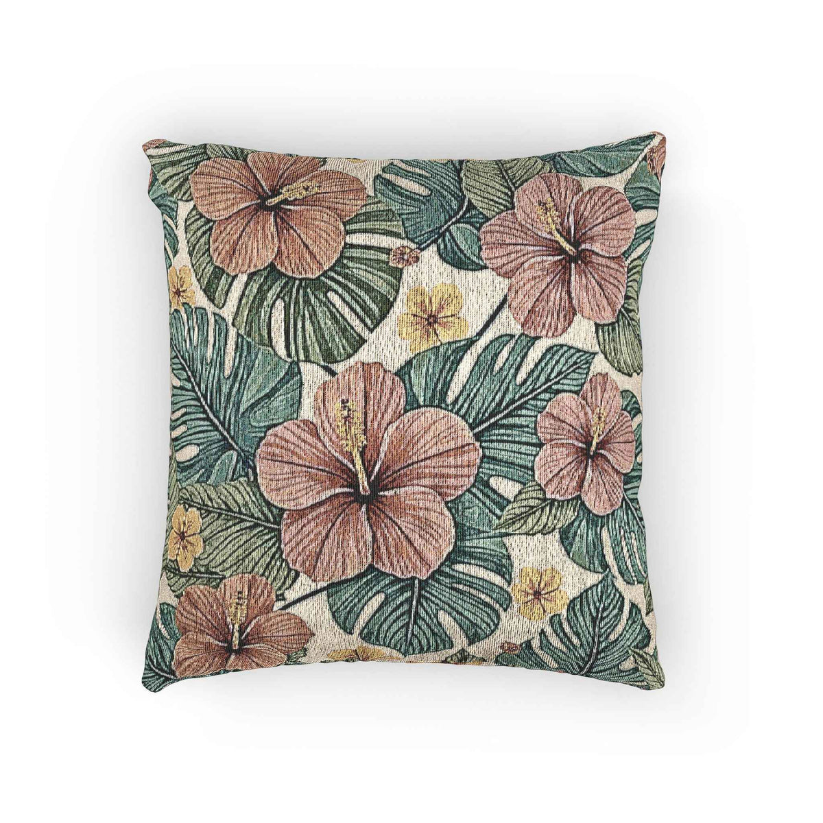 Hibiscus Tropical Floral Woven Pillow | Botanical Throw Cushion