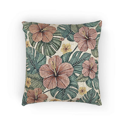 Hibiscus Tropical Floral Woven Pillow | Botanical Throw Cushion