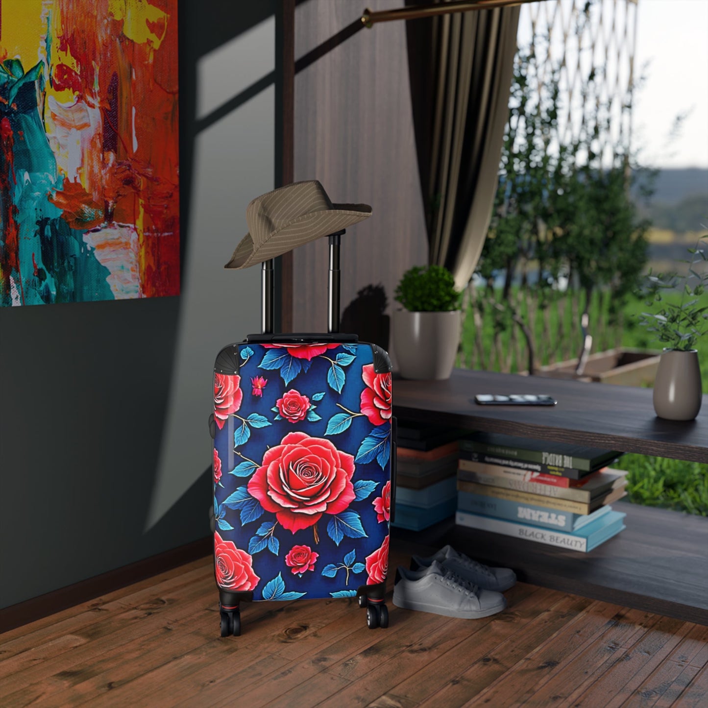 Floral Rose Carry-On Suitcase — Vibrant Red Roses on Navy Travel Luggage