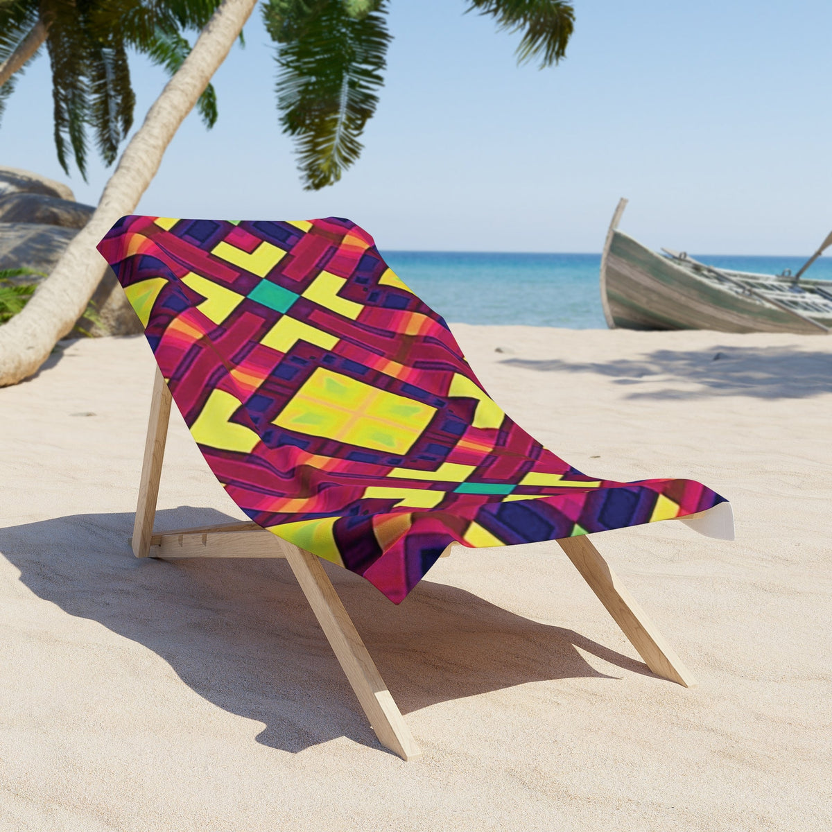 Vibrant Geometric Beach Towel — Neon Diamond Pattern