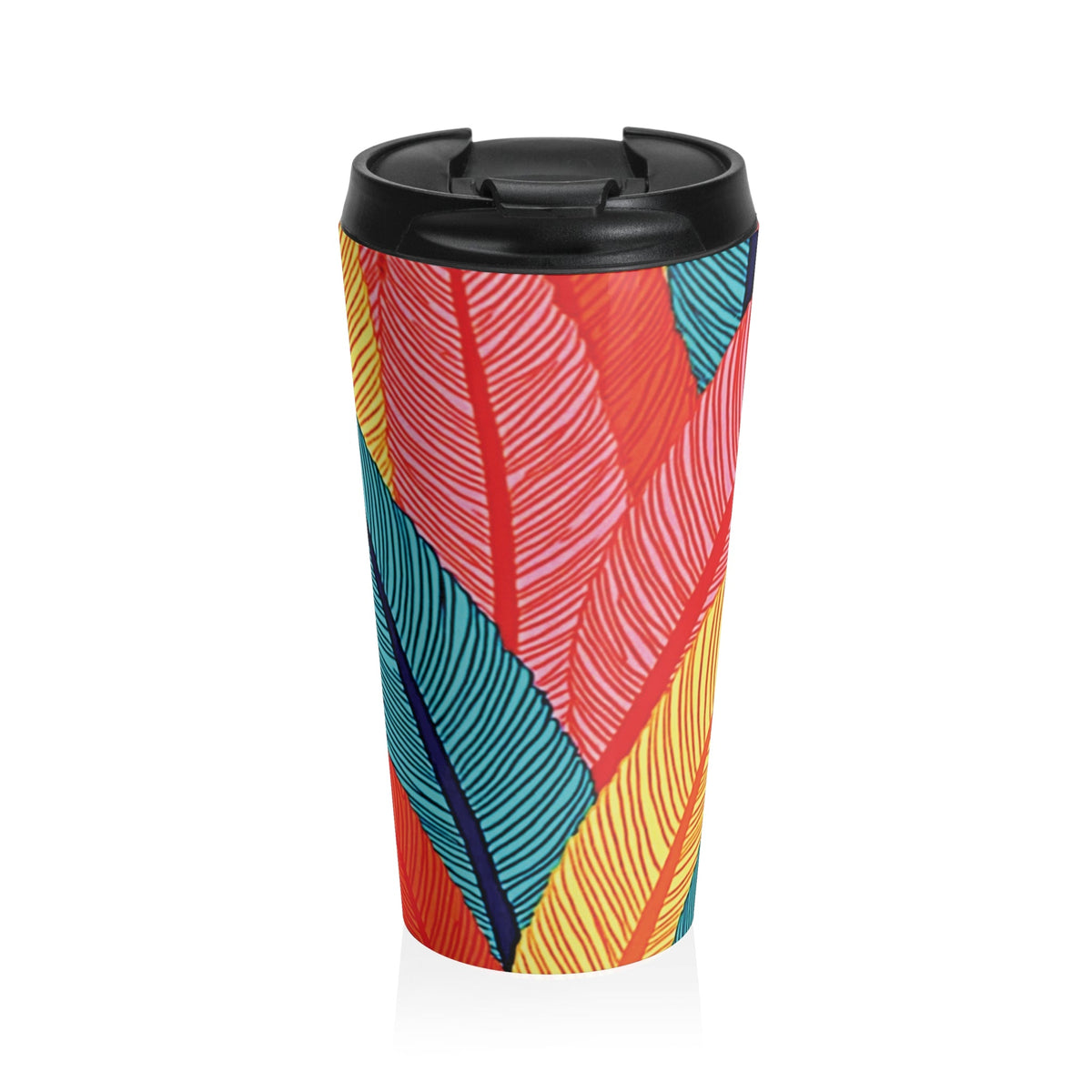 Tropical Feather Stainless Steel Travel Mug — Colorful Leaf Pattern, Insulated Coffee Tumbler