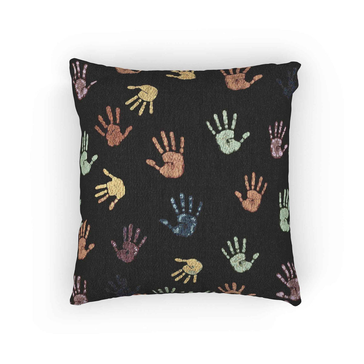 Colorful Handprint Pattern Pillow | Multicolor Hands on Black Throw Pillow