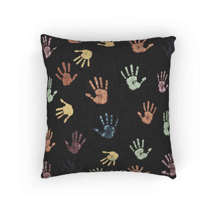 Colorful Handprint Pattern Pillow | Multicolor Hands on Black Throw Pillow